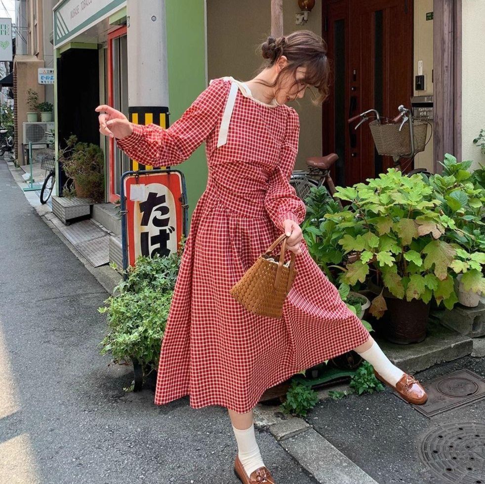 ギンガム チェック 優美な格子柄 ふんわり長袖ワンピース