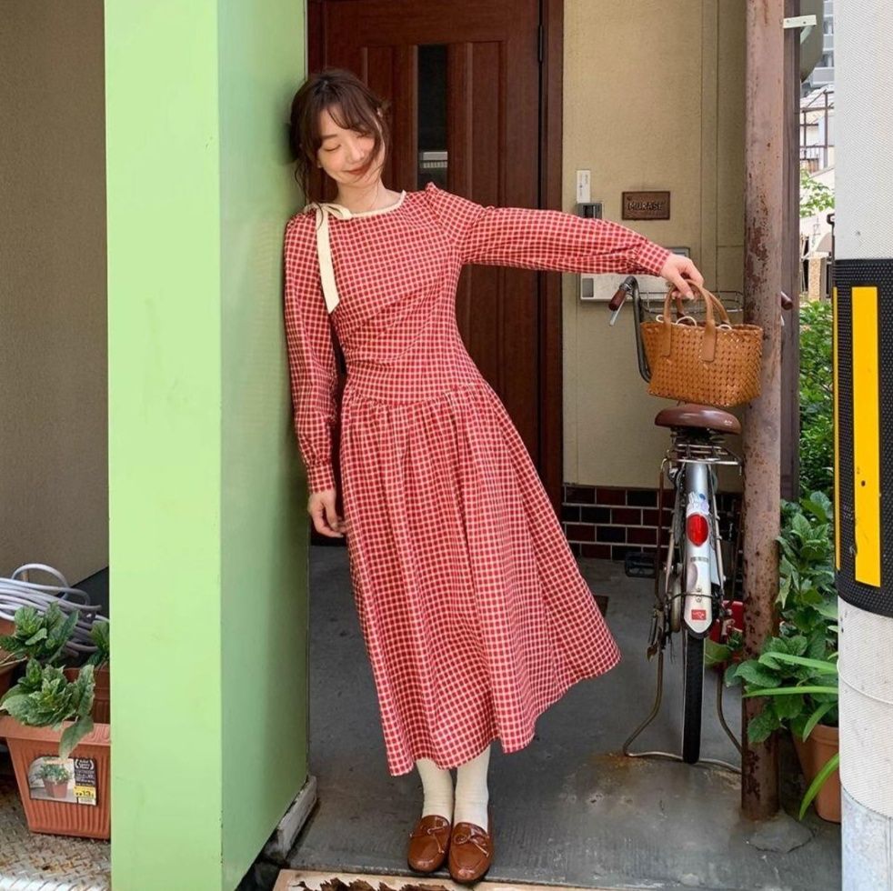 ギンガム チェック 優美な格子柄 ふんわり長袖ワンピース