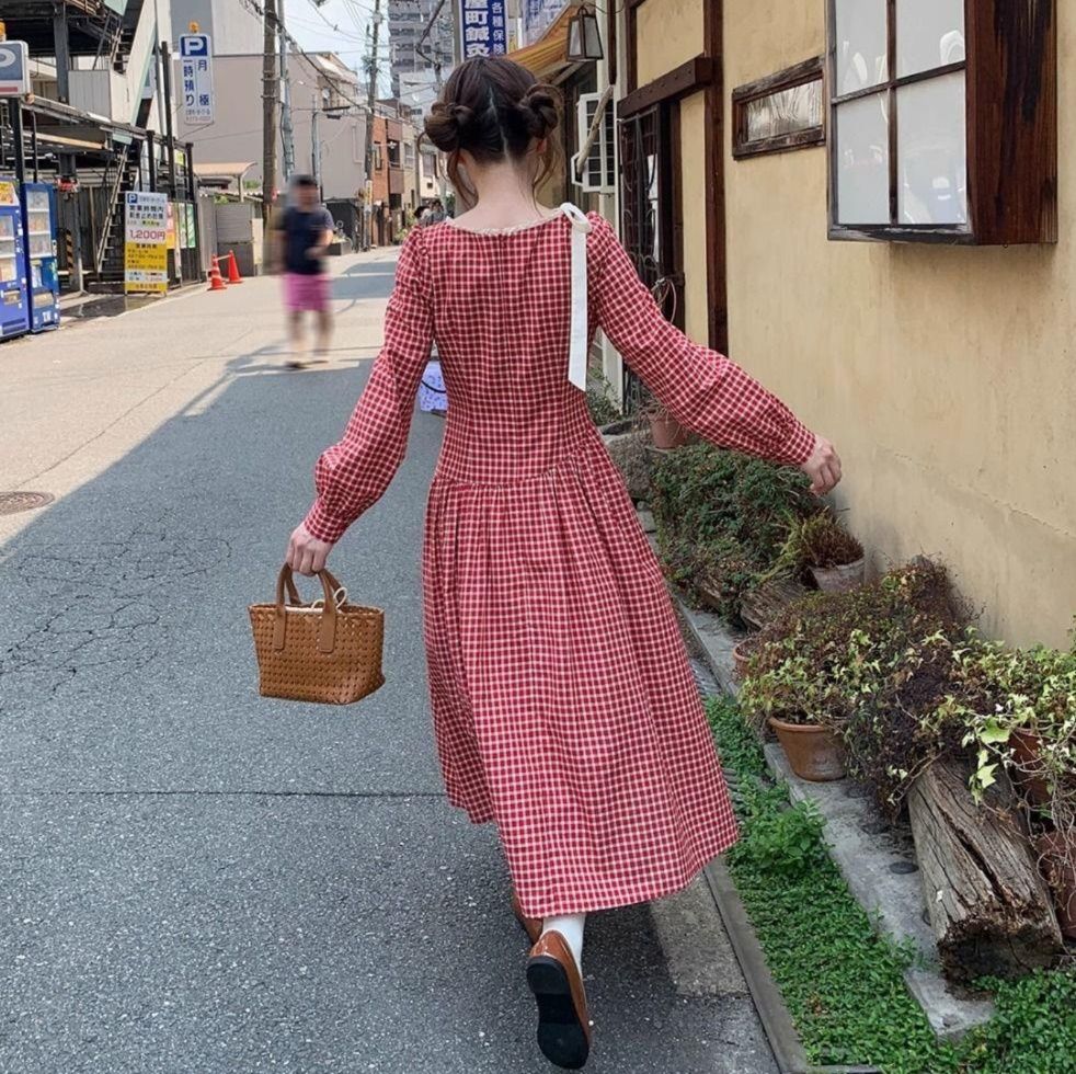 ギンガム チェック 優美な格子柄 ふんわり長袖ワンピース