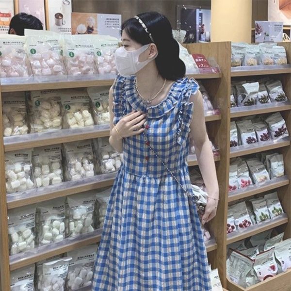 ギンガム チェック フリル飾り格子柄ロングワンピース