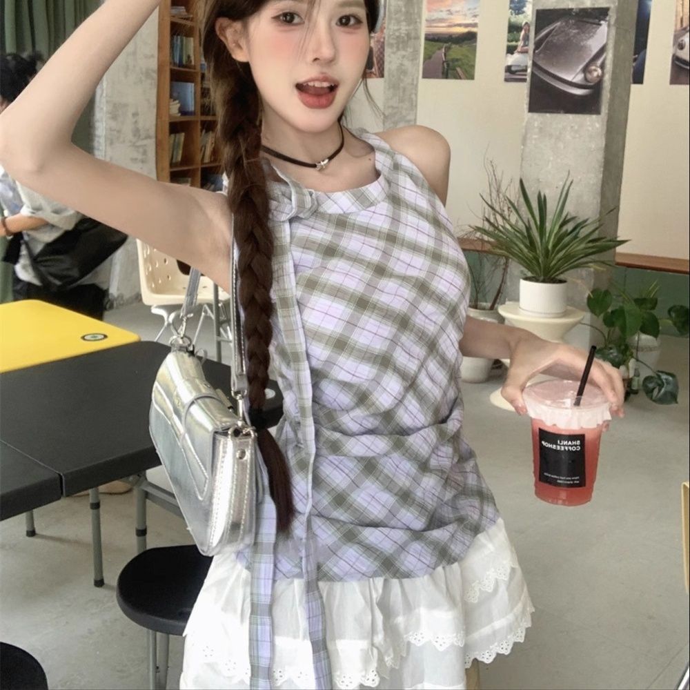 ギンガム チェック ノースリーブ格子模様レースワンピース