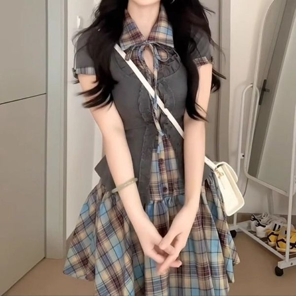 ギンガム チェック レトロ襟リボン チェックワンピース