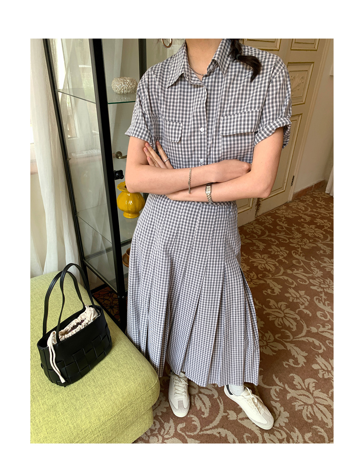 ギンガム チェック ギャザーたっぷり 優美なミモレ丈ワンピース