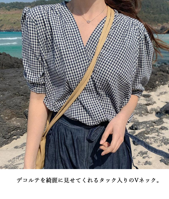 ギンガム チェック ギンガムチェック半袖ブラウス Vネック着回し二の腕カバー
