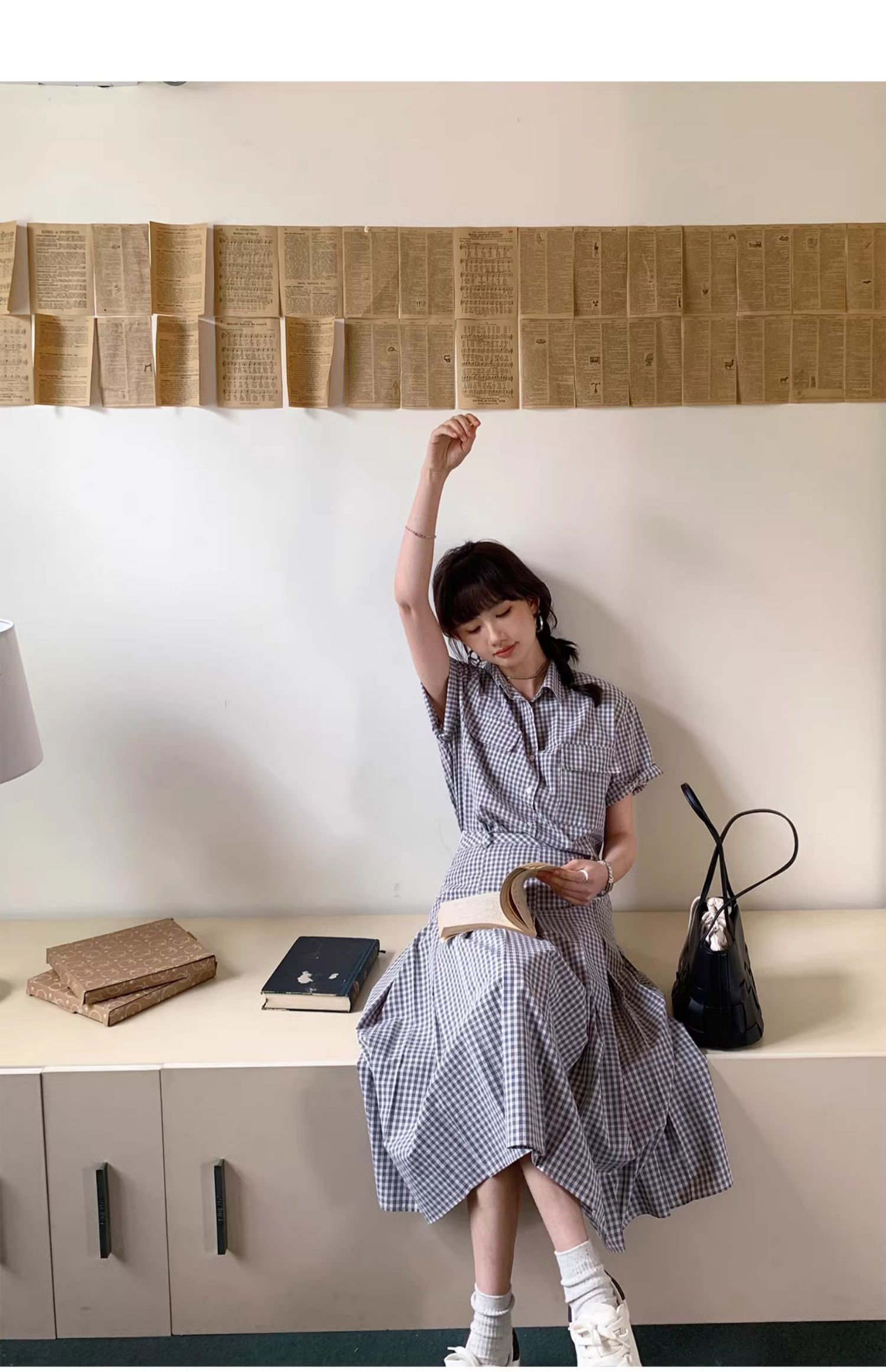 ギンガム チェック ギャザーたっぷり 優美なミモレ丈ワンピース