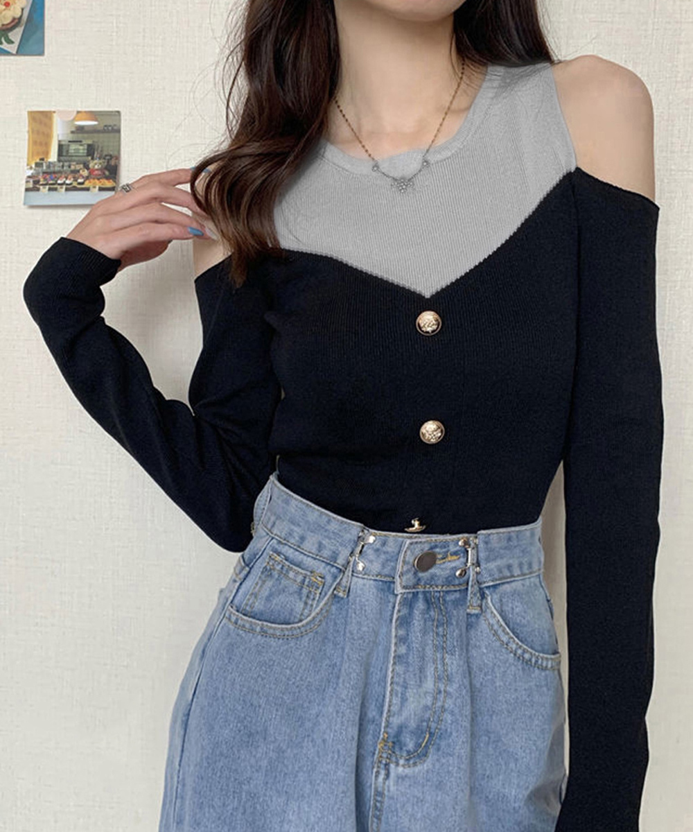 大人かわいい服 肩見せバイカラー リブニットトップス