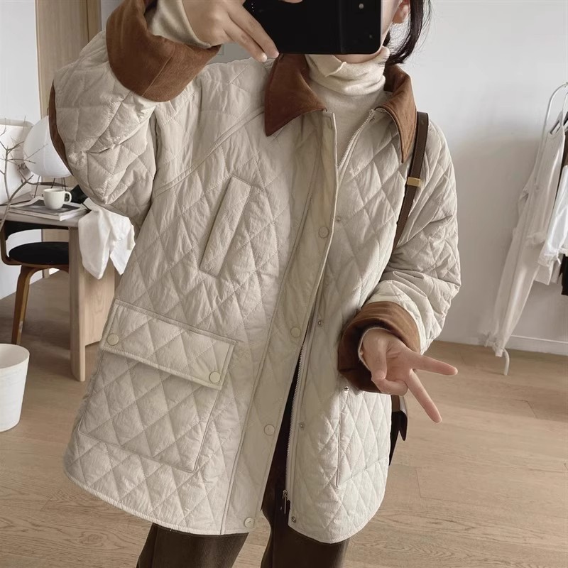 大人かわいい服 配色襟デザインキルティング中綿ジャケット