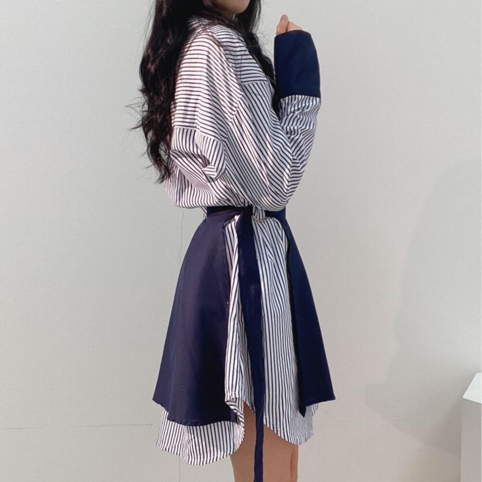 大人かわいい服 配色ストライプ柄シャツワンピース