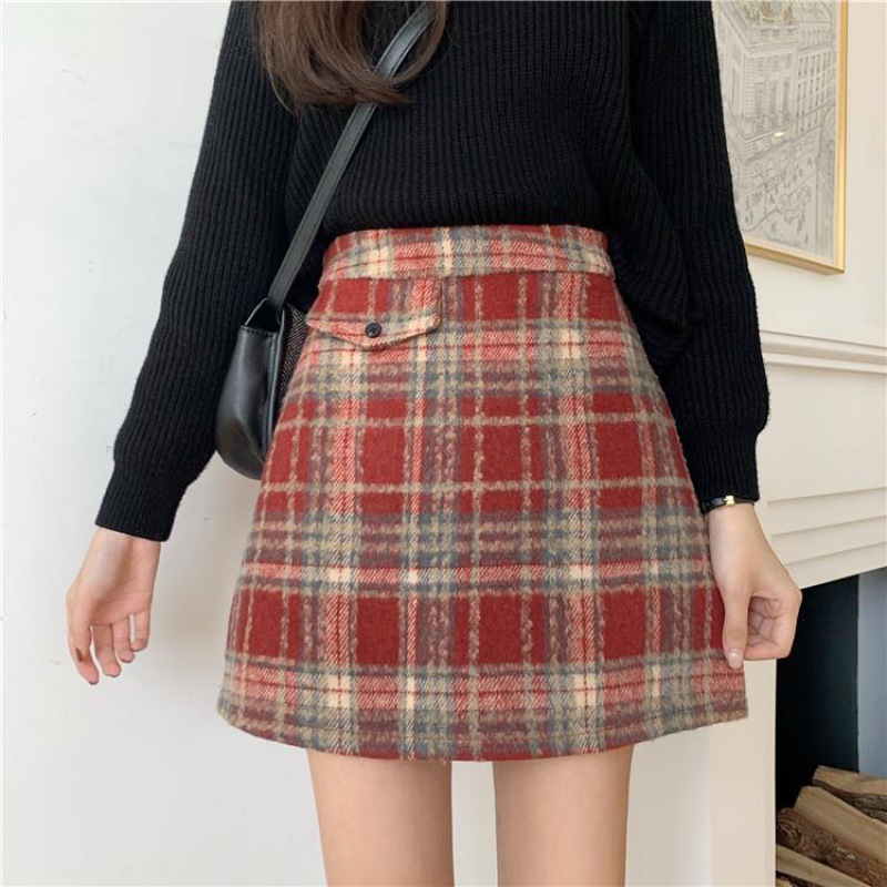 大人かわいい服 チェック柄ウール混台形ミニスカート