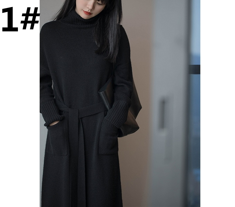 大人かわいい服 冬新作 上品ベルト付きニットワンピース 体型カバー