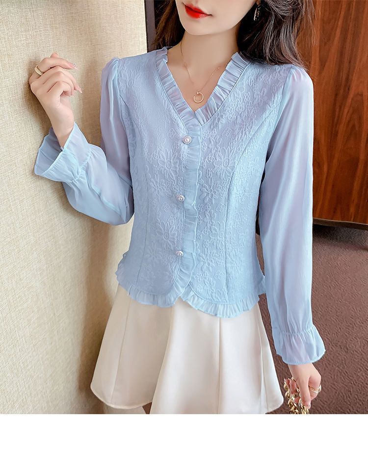 大人かわいい服 花刺繍シアーフリルブラウス