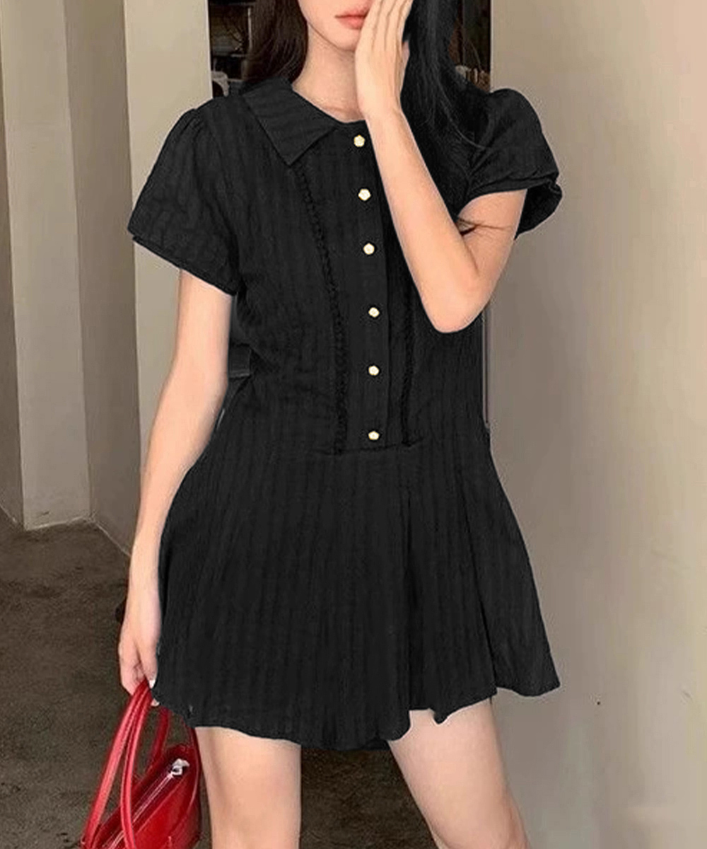 大人かわいい服 プリーツフリル襟ミニワンピース 春夏セット