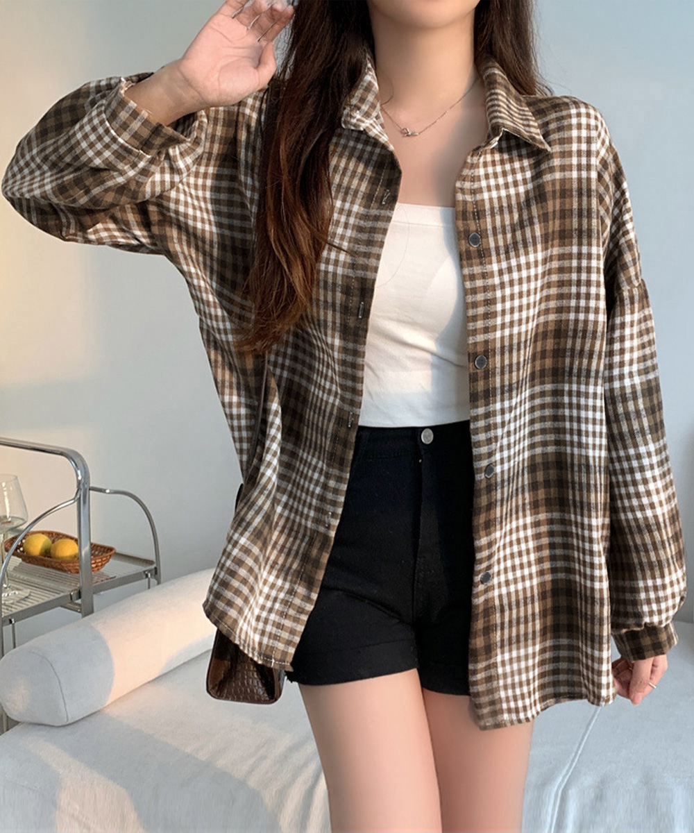 大人かわいい服 起毛チェックシャツ ゆったりネルシャツジャケット