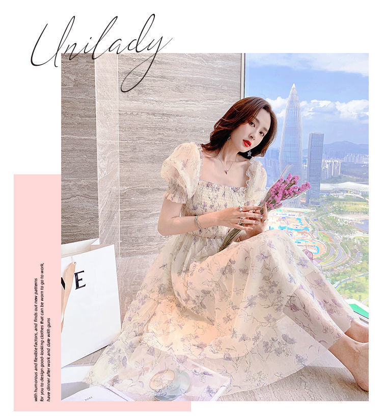 大人かわいい服 花柄刺繍シアーパフスリーブロングワンピース