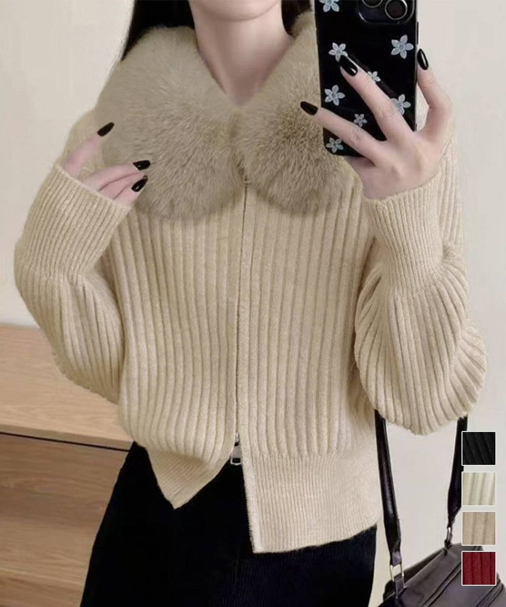 大人かわいい服 ふわふわファー襟リブニットカーディガン