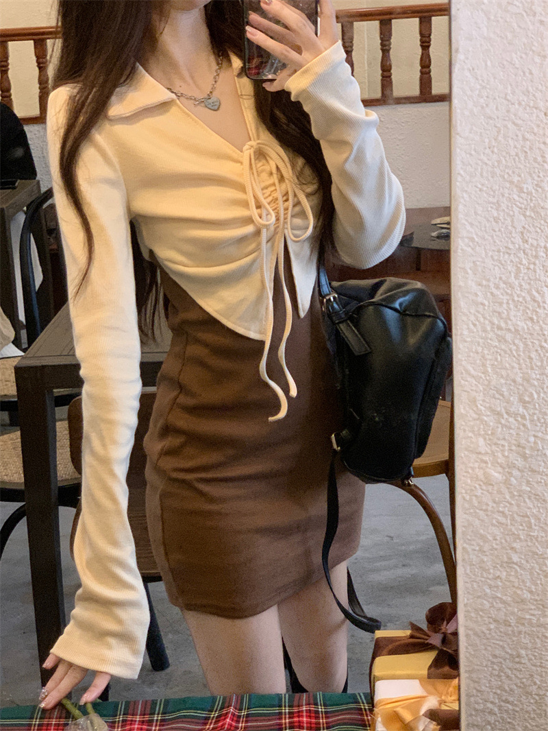 大人かわいい服 襟付きフロントリボン編み上げ長袖トップス