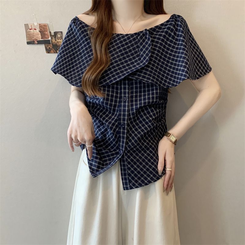 大人かわいい服 格子柄ドレープ肩出しブラウス