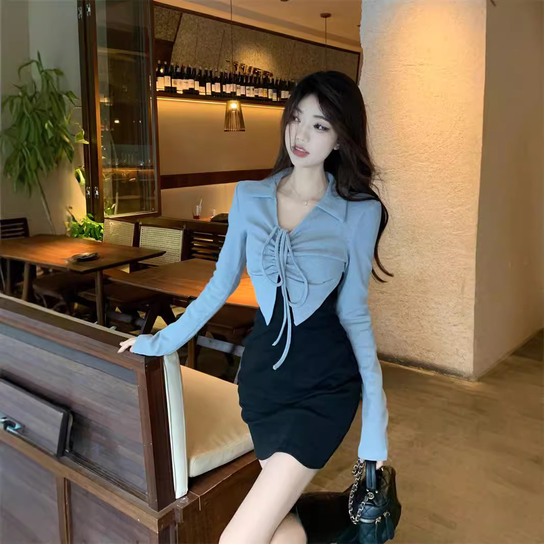 大人かわいい服 襟付きフロントリボン編み上げ長袖トップス