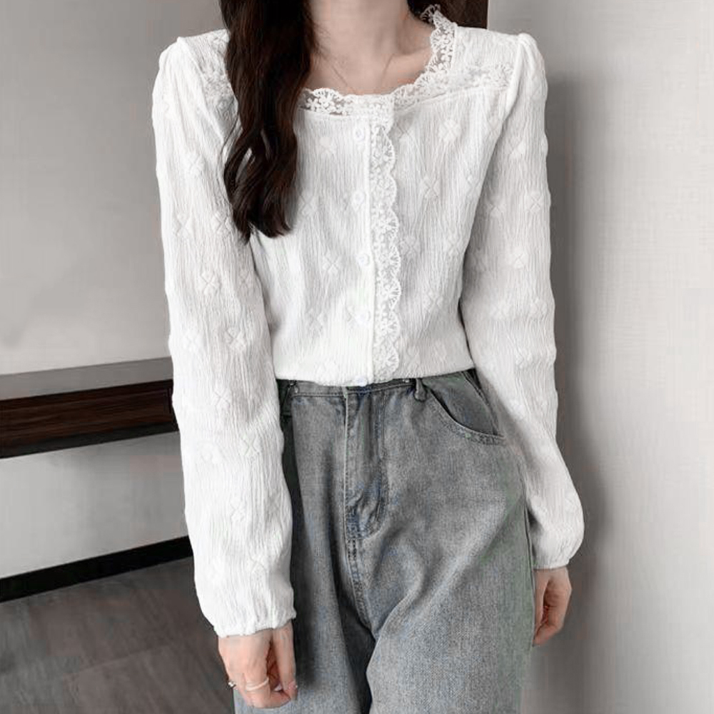 大人かわいい服 レース縁取り スクエアネック シャツブラウス
