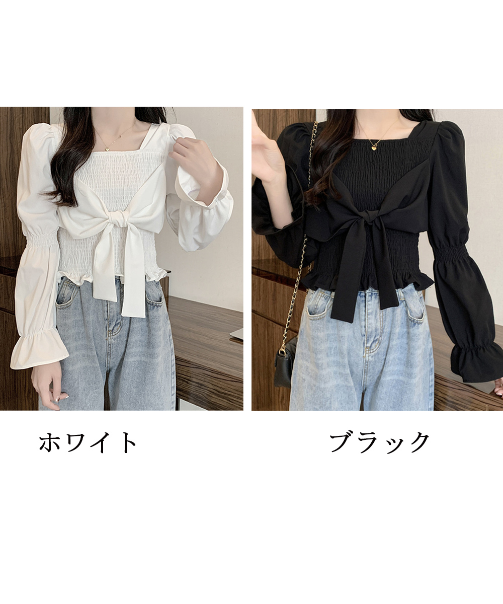 大人かわいい服 スクエアネック リボン付き シャーリングブラウス ショート丈
