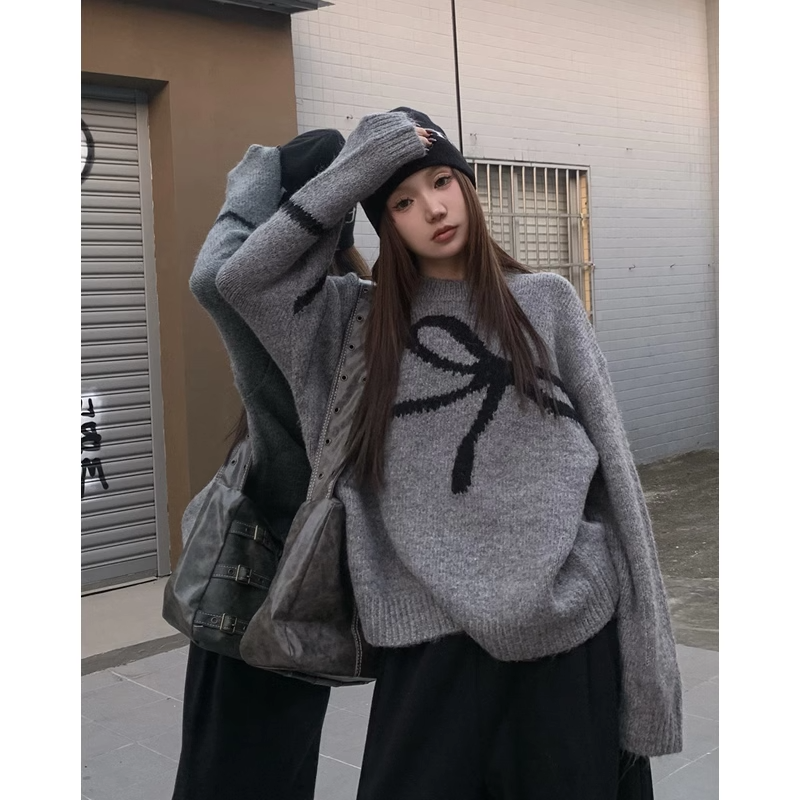 大人かわいい服 リボンデザインモヘア混ゆったりニットセーター