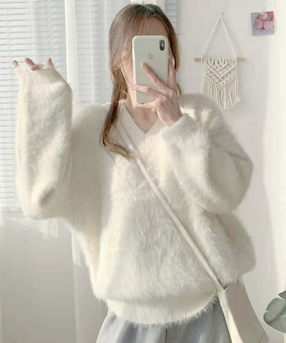 大人かわいい服 ふわふわシャギーニット長袖トップス秋冬
