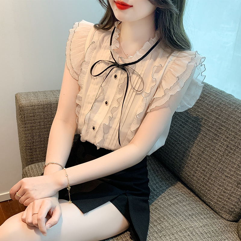 大人かわいい服 フリルリボン シフォンブラウス