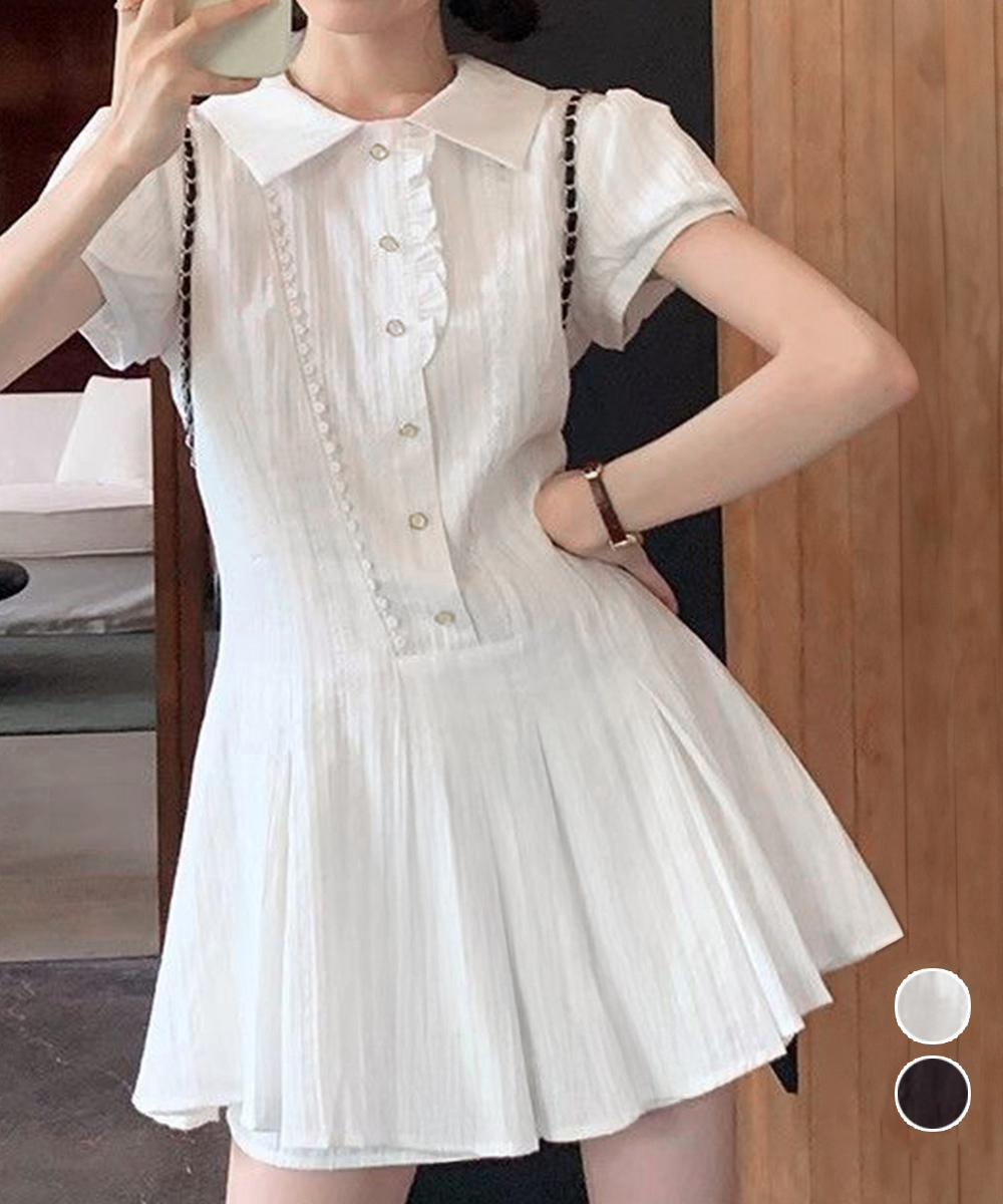 大人かわいい服 プリーツフリル襟ミニワンピース 春夏セット