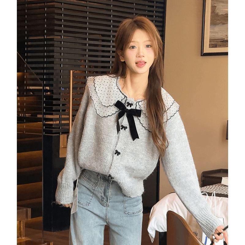 大人かわいい服 スカラップ襟リボンニットセーター