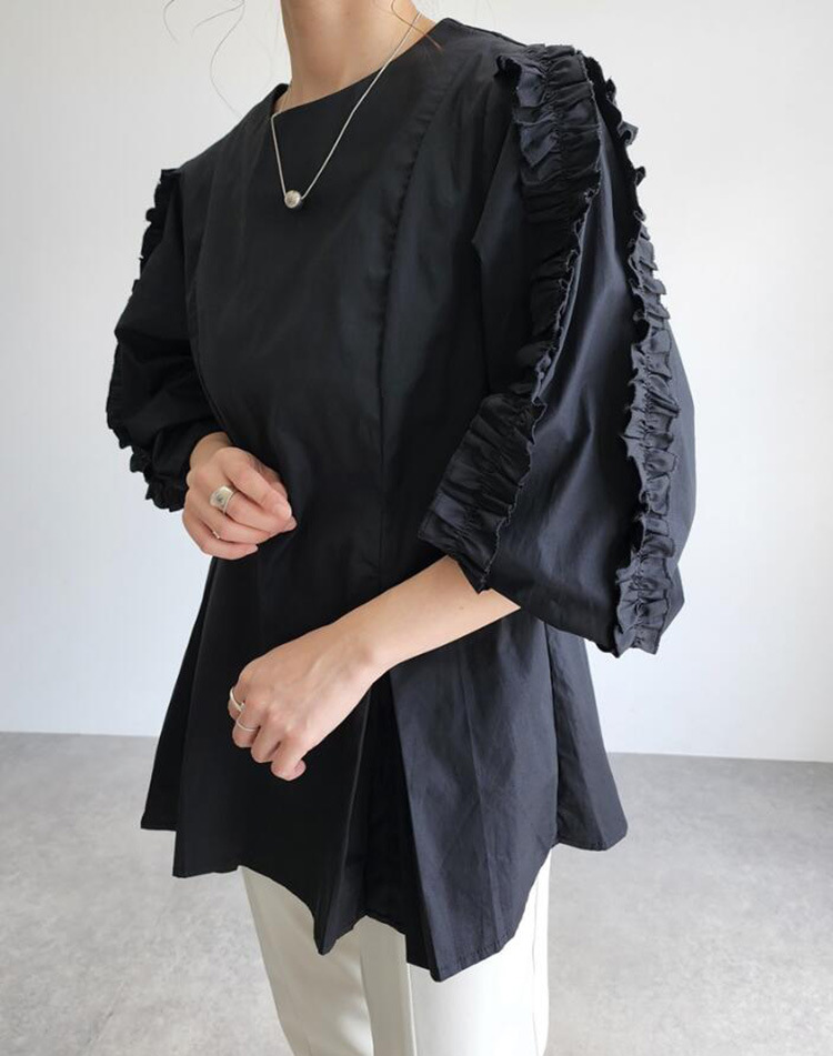 大人かわいい服 袖フリル切替プリーツ裾チュニックブラウス