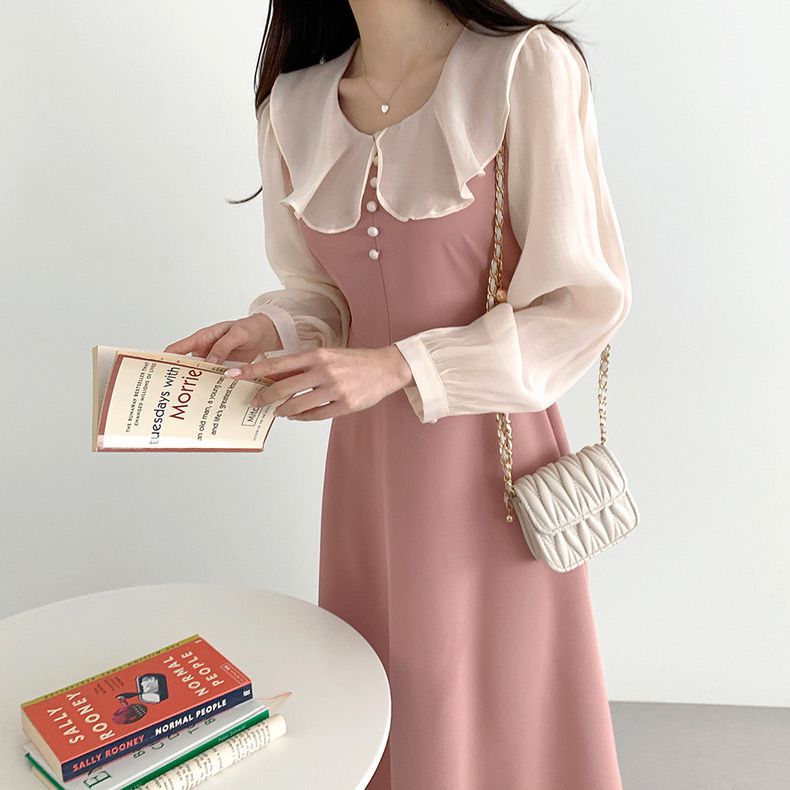 大人かわいい服 丸襟シアースリーブ配色フレアワンピース