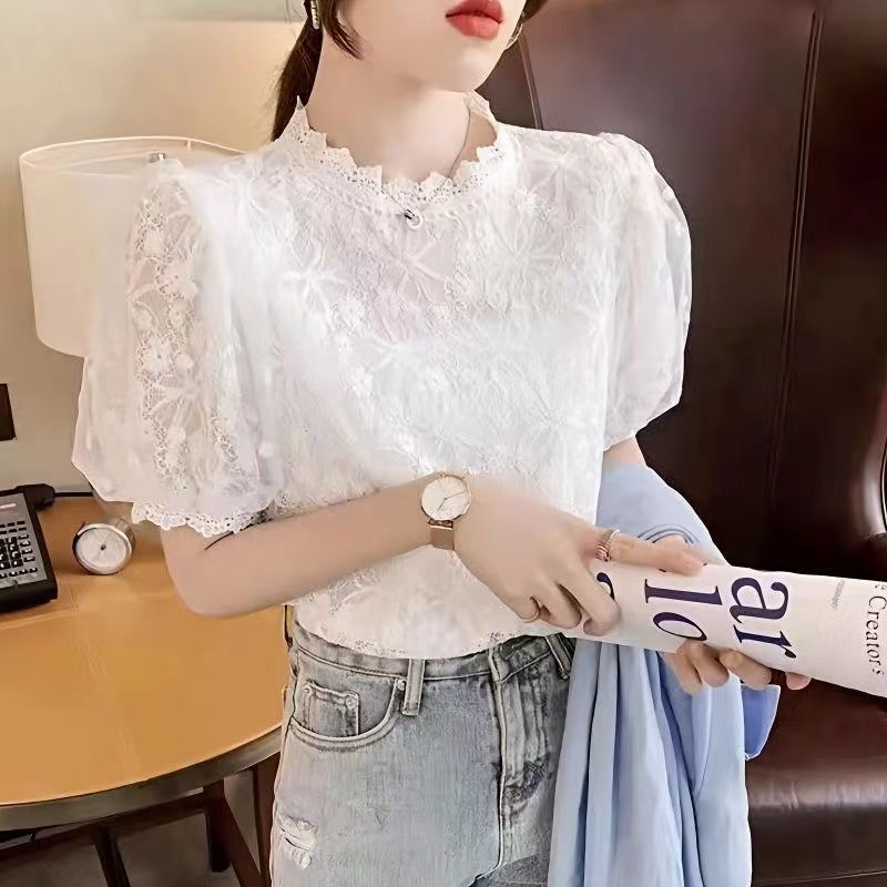 大人かわいい服 花柄レース立ち襟パフスリーブブラウス