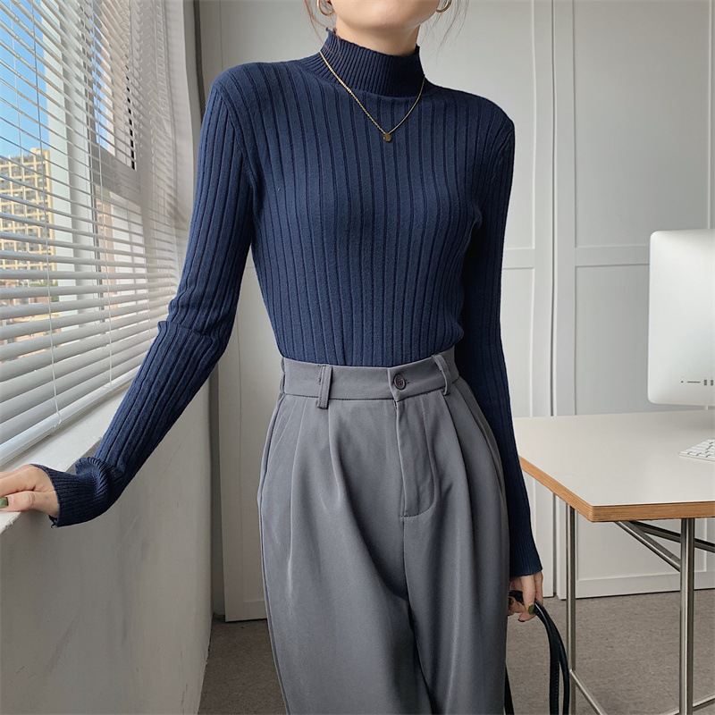 大人かわいい服 縦リブハイネックニットプルオーバー