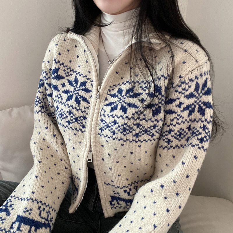 大人かわいい服 ノルディック柄ジップアップニットアウター