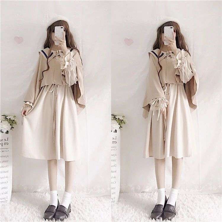 大人かわいい服 セーラー襟ケープ風ワンピース