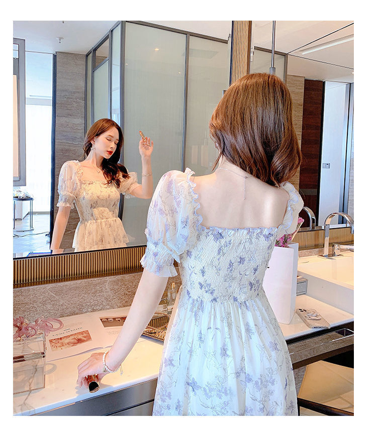 大人かわいい服 花柄刺繍シアーパフスリーブロングワンピース