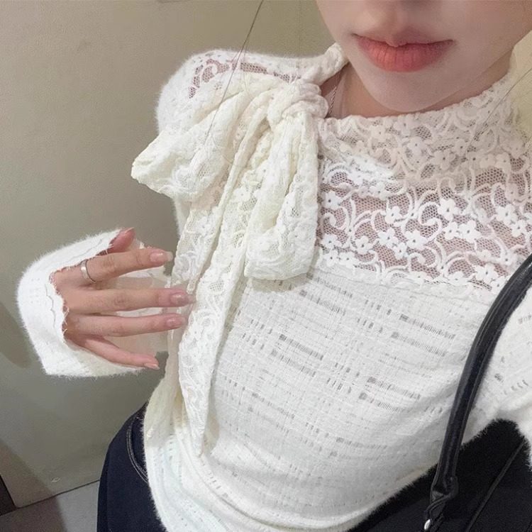 大人かわいい服 レース襟リボン付きニットトップス