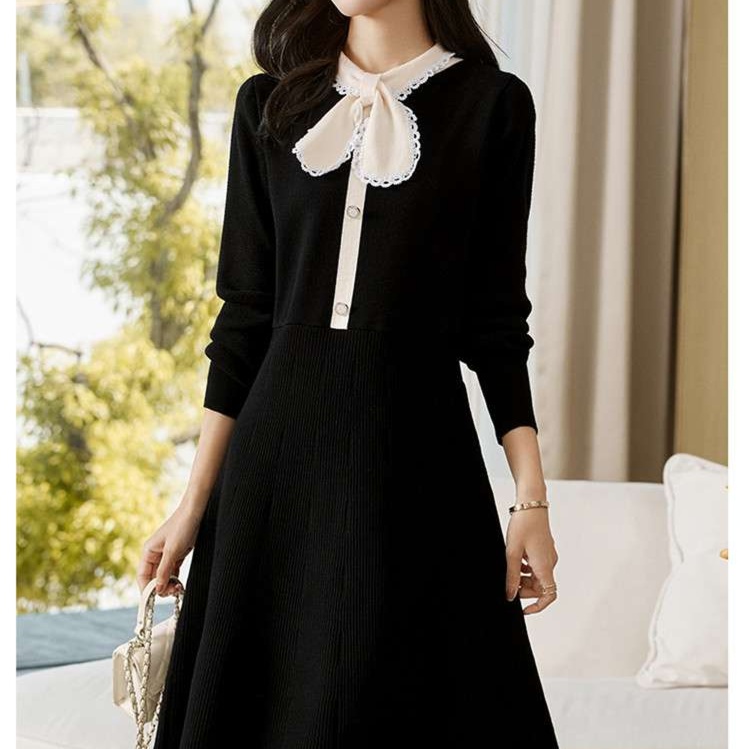 大人かわいい服 レース襟リボンニットワンピース
