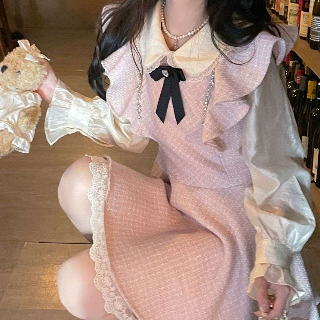 大人かわいい服 リボン付きふんわりワンピース