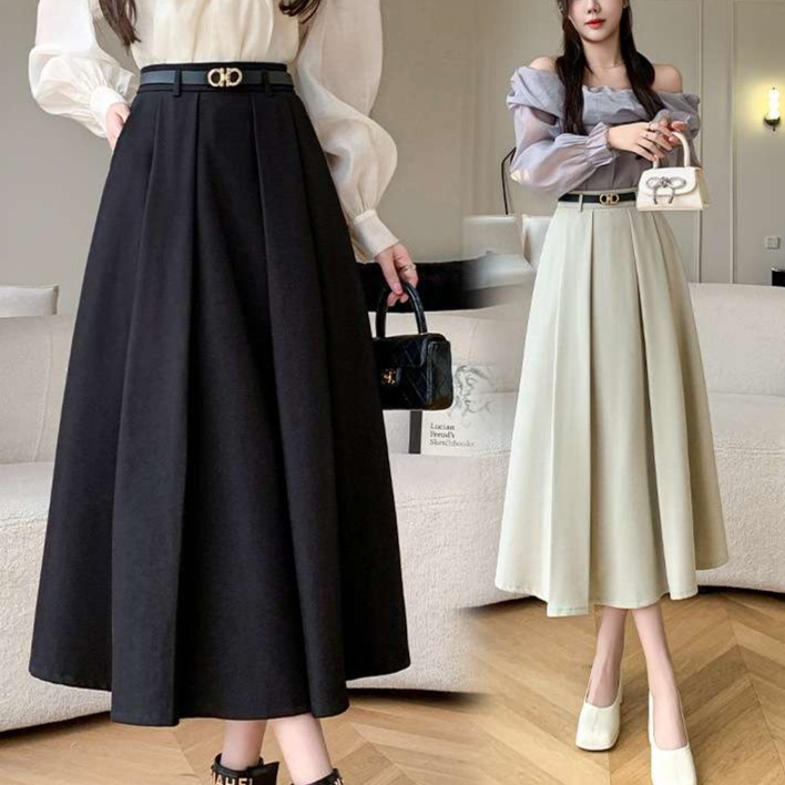 大人かわいい服 ふんわりプリーツ ロングフレアスカート