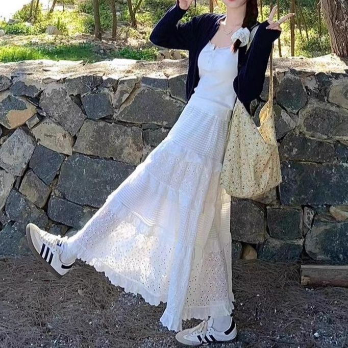 大人かわいい服 レース切り替えフレアロングスカート