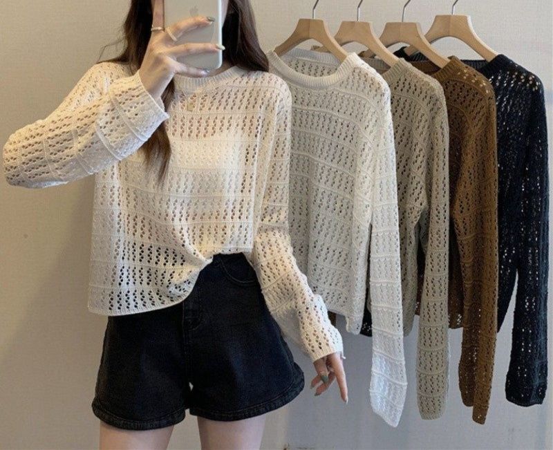 大人かわいい服 透かし編み長袖ニットプルオーバー
