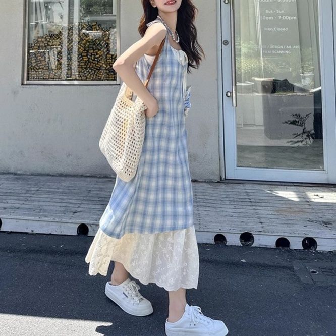 大人かわいい服 チェック柄キャミソールレース切替ワンピース