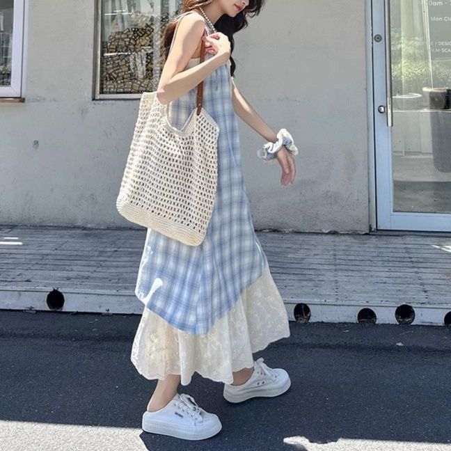 大人かわいい服 チェック柄キャミソールレース切替ワンピース