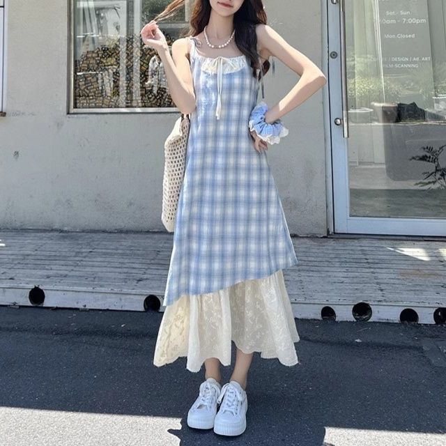 大人かわいい服 チェック柄キャミソールレース切替ワンピース