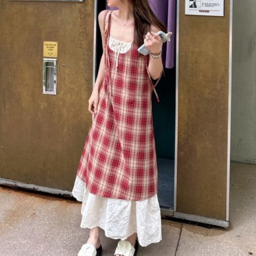 大人かわいい服 チェック柄キャミソールレース切替ワンピース