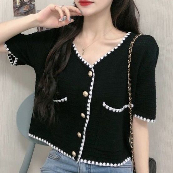 大人かわいい服 フレンチスタイル編み込みショートカーディガン