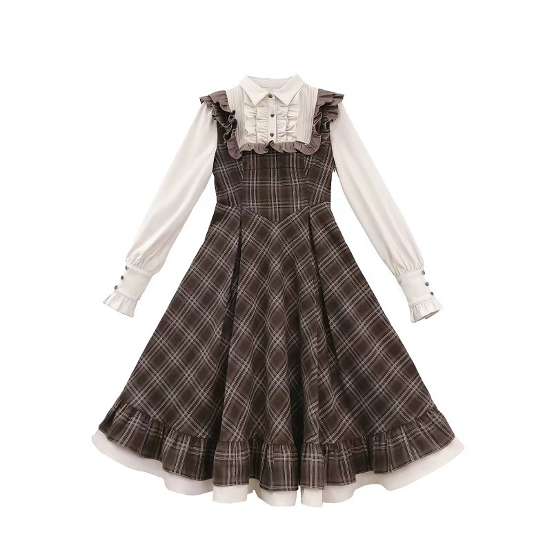 大人かわいい服 レトロクラシックチェック フリルワンピース