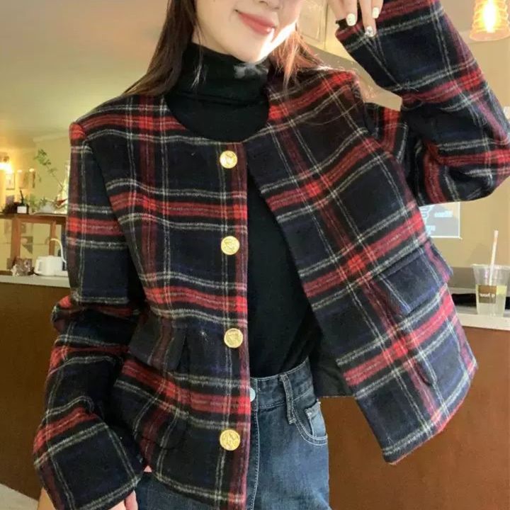 大人かわいい服 クラシックチェック柄ショート丈ジャケット