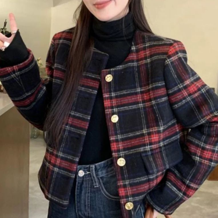 大人かわいい服 クラシックチェック柄ショート丈ジャケット